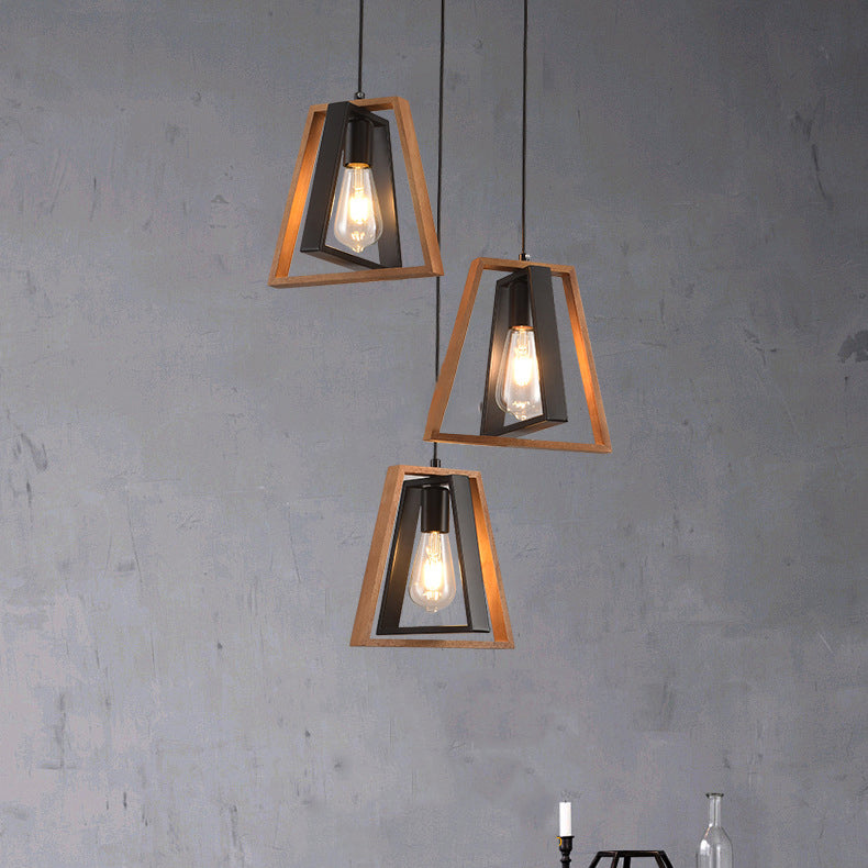 Chandelier contemporain industriel en bois massif et fer en forme de trapèze 1/3 lumière pour salon 