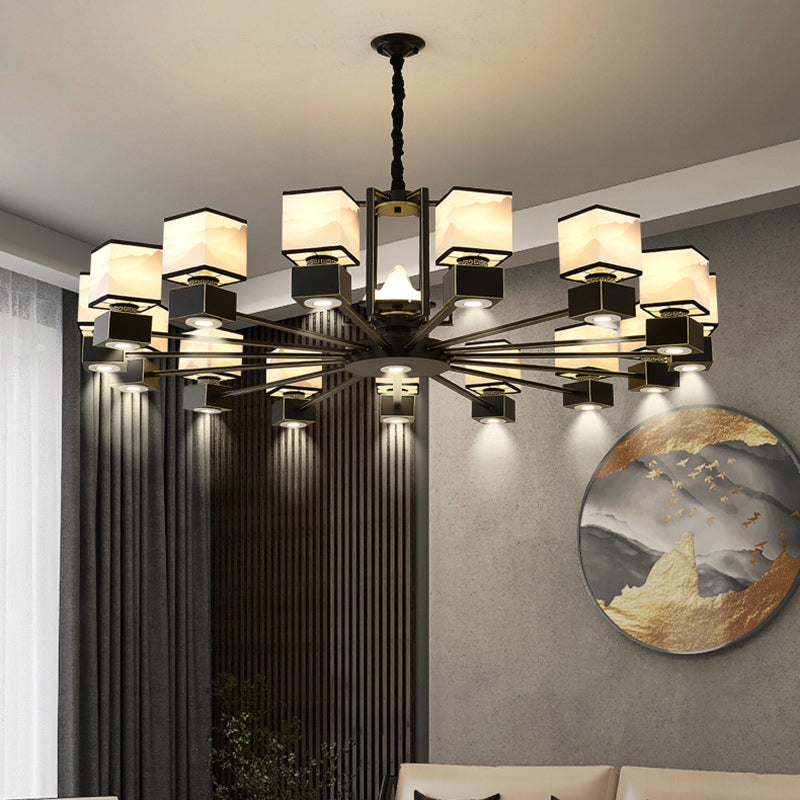 Lustre traditionnel en fer carré chinois avec tissu 6/8 lumières pour salon 