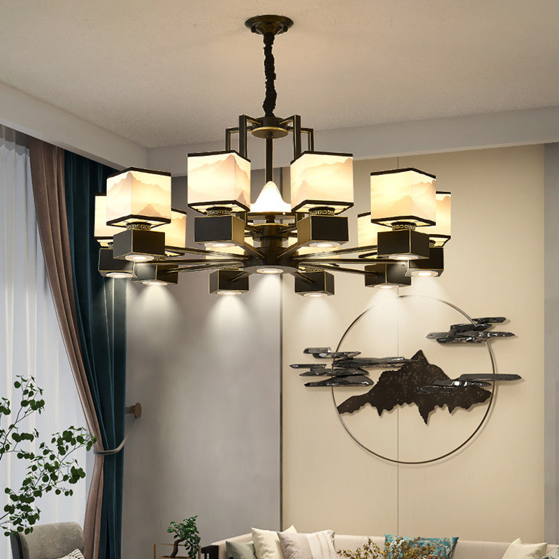 Lustre traditionnel en fer carré chinois avec tissu 6/8 lumières pour salon 