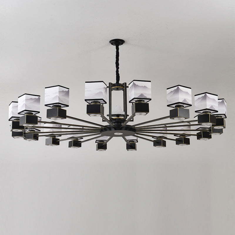 Lustre traditionnel en fer carré chinois avec tissu 6/8 lumières pour salon 