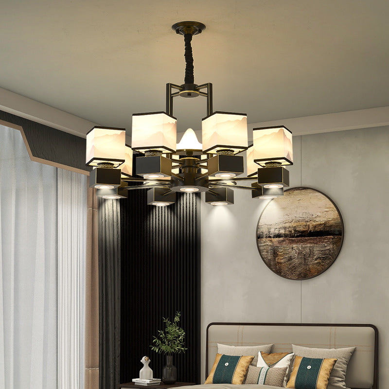 Lustre traditionnel en fer carré chinois avec tissu 6/8 lumières pour salon 
