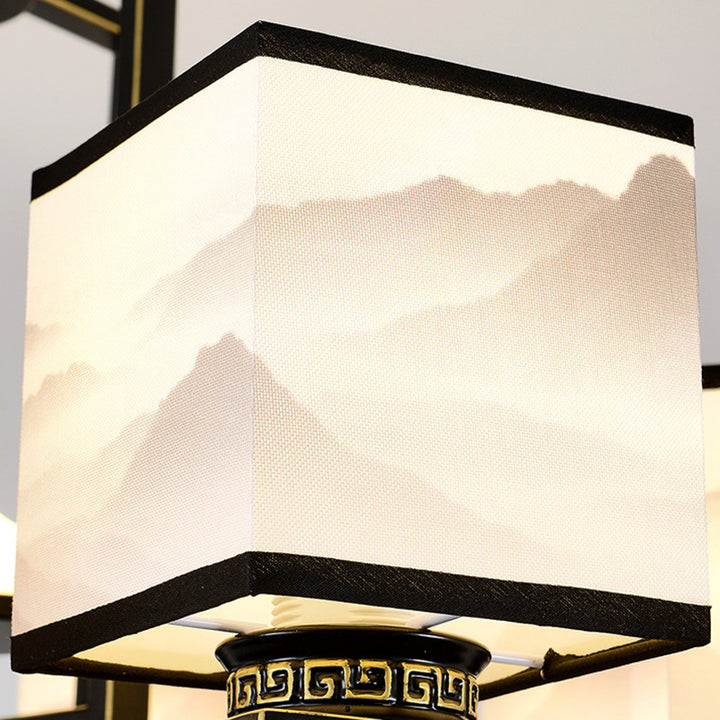 Lustre traditionnel en fer carré chinois avec tissu 6/8 lumières pour salon 