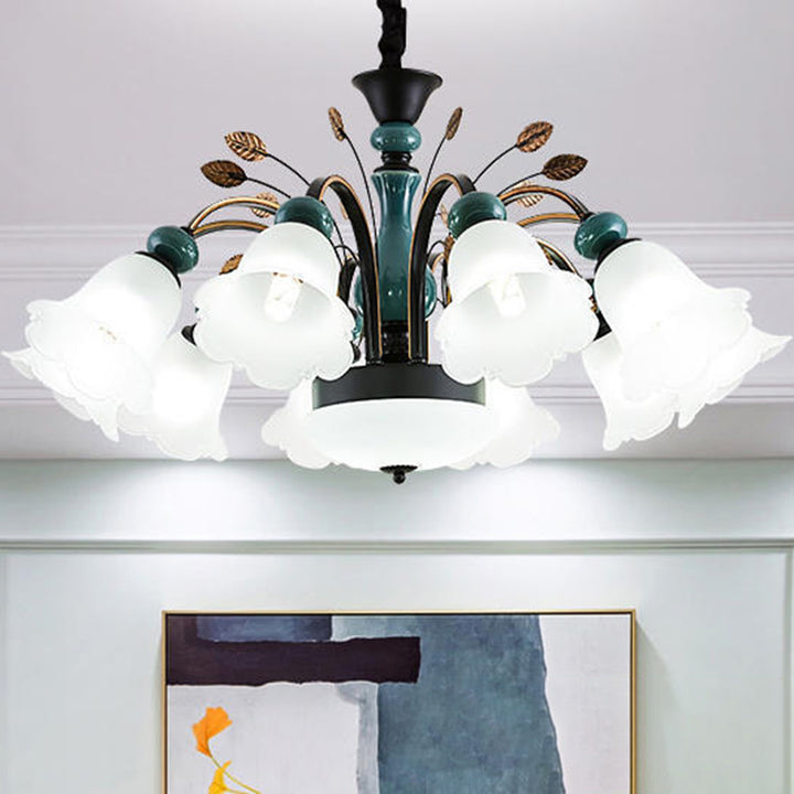 Traditioneller europäischer Blumen-Eisen-Keramik-Glas-Kronleuchter mit 8/10 Lichtern für Wohnzimmer 