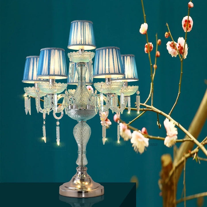 Lampe de table traditionnelle européenne ronde en cristal de verre à haute densité à 6 lumières pour chambre 