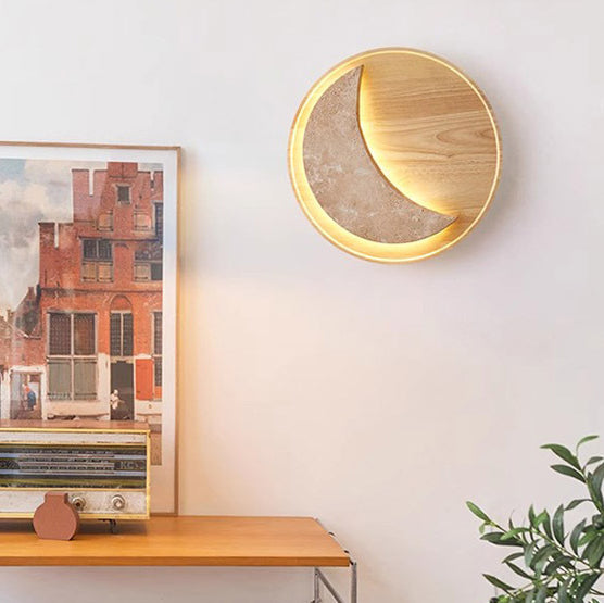Lampe murale à LED en bois massif travertin jaune rond vintage traditionnel pour chambre 