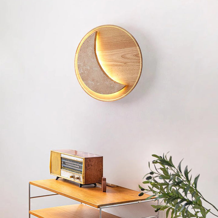 Lampe murale à LED en bois massif travertin jaune rond vintage traditionnel pour chambre 