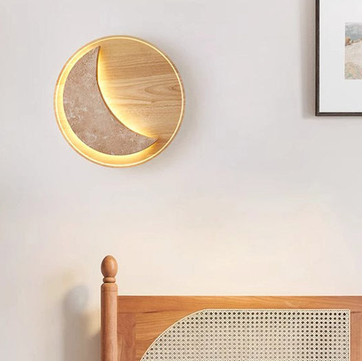Lampe murale à LED en bois massif travertin jaune rond vintage traditionnel pour chambre 