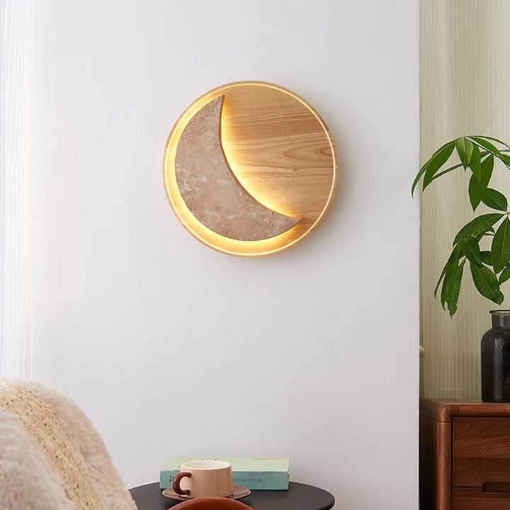 Lampe murale à LED en bois massif travertin jaune rond vintage traditionnel pour chambre 