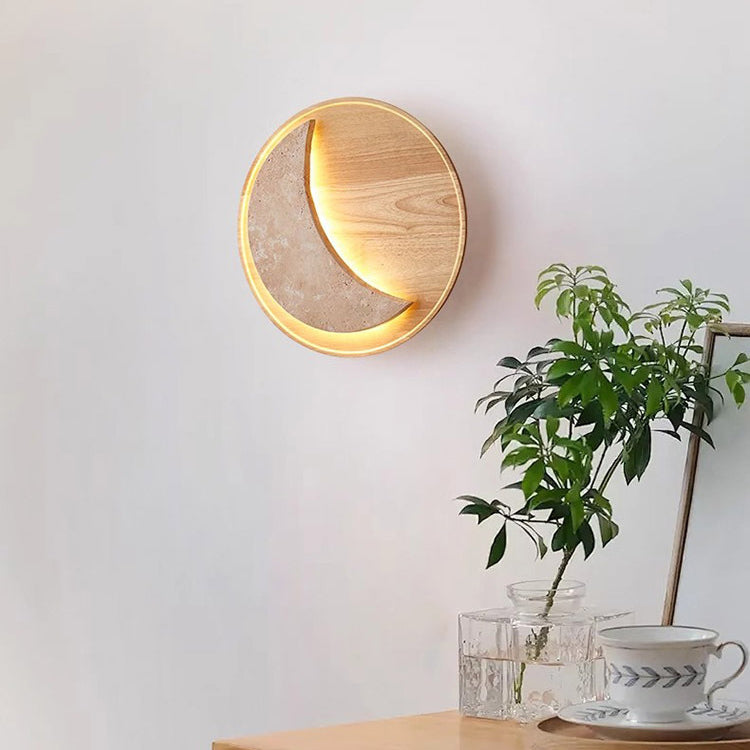 Lampe murale à LED en bois massif travertin jaune rond vintage traditionnel pour chambre 