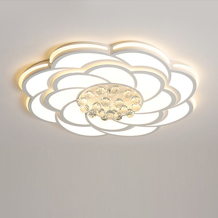 Zeitgenössische Luxus Blumen Runde Eisen Acryl Kristall LED Deckenleuchte für Wohnzimmer 