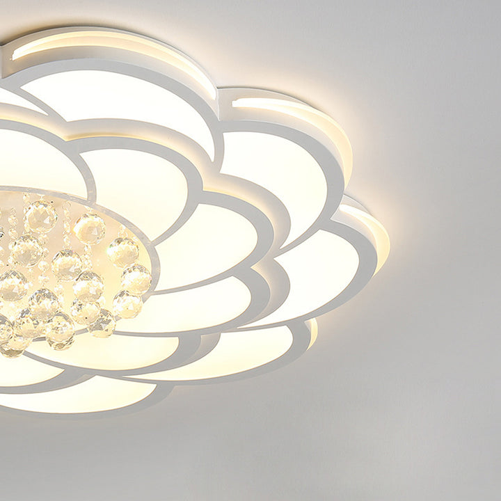 Zeitgenössische Luxus Blumen Runde Eisen Acryl Kristall LED Deckenleuchte für Wohnzimmer 