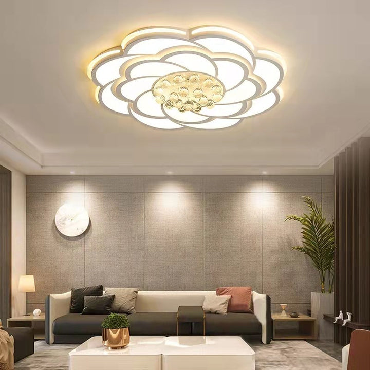 Zeitgenössische Luxus Blumen Runde Eisen Acryl Kristall LED Deckenleuchte für Wohnzimmer 
