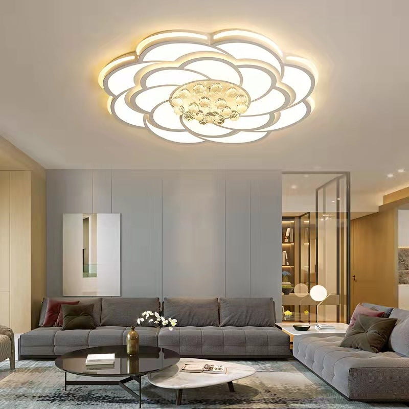 Zeitgenössische Luxus Blumen Runde Eisen Acryl Kristall LED Deckenleuchte für Wohnzimmer 