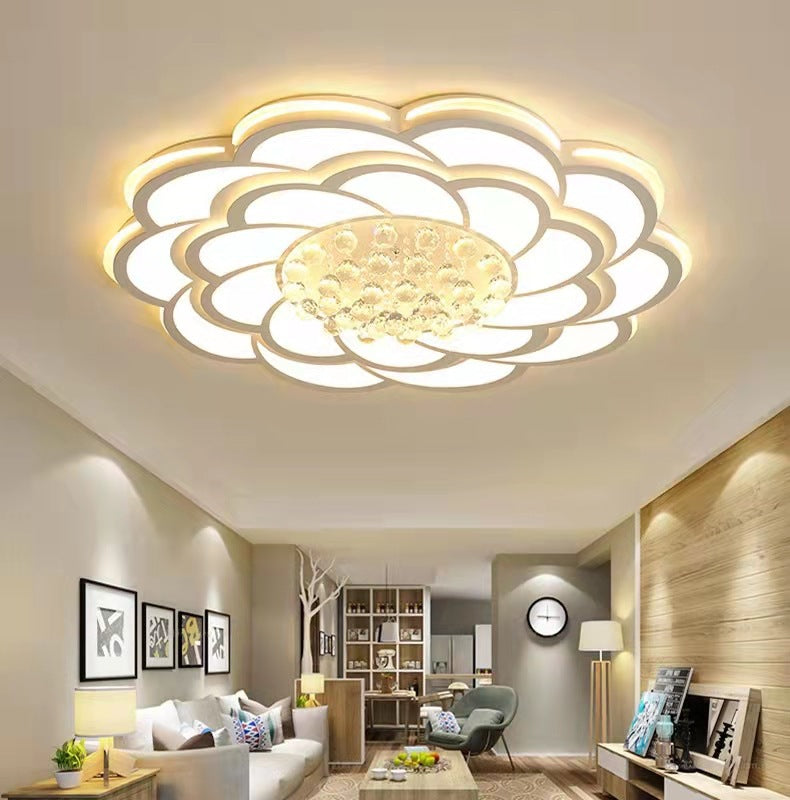 Zeitgenössische Luxus Blumen Runde Eisen Acryl Kristall LED Deckenleuchte für Wohnzimmer 