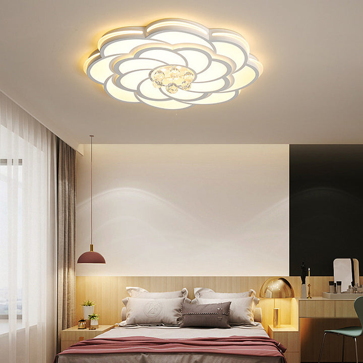 Zeitgenössische Luxus Blumen Runde Eisen Acryl Kristall LED Deckenleuchte für Wohnzimmer 