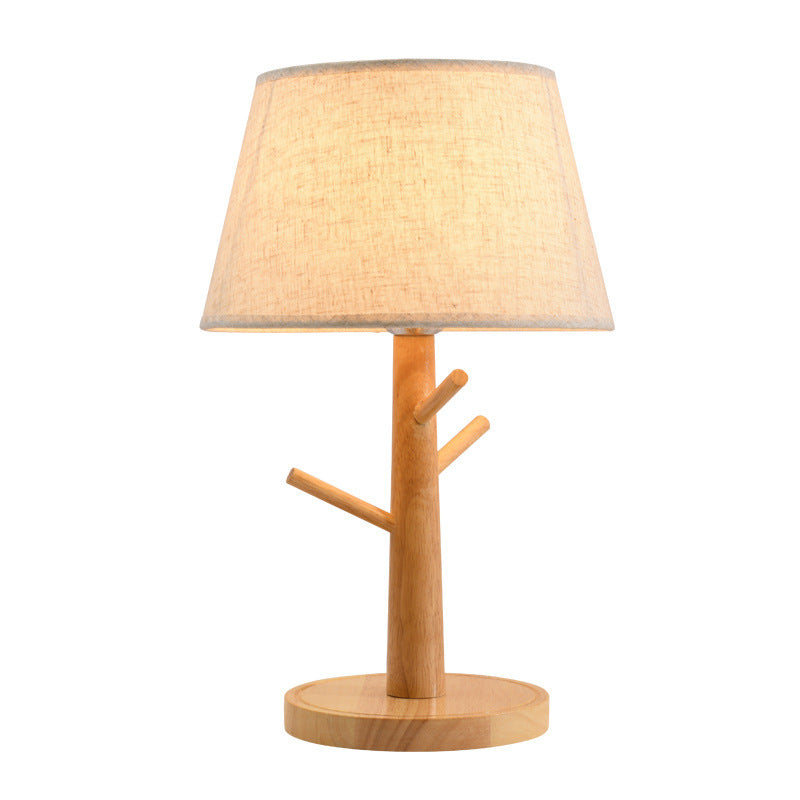 Moderne Einfachheit Kegelstumpf Massivholz Stoff 1-Licht Tischlampe für Schlafzimmer 