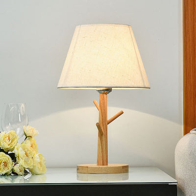 Moderne Einfachheit Kegelstumpf Massivholz Stoff 1-Licht Tischlampe für Schlafzimmer 