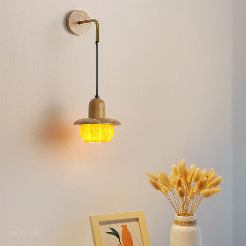Zeitgenössische kreative Kürbis-Harz-Holz 1-Licht-Wandleuchte für Schlafzimmer 