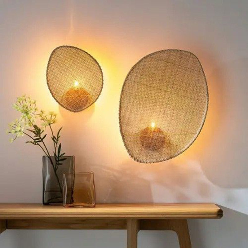 Traditional Japanese Oval Metal Plastic Rattan 1-Light Wall Sconce Lamp For Bedroom