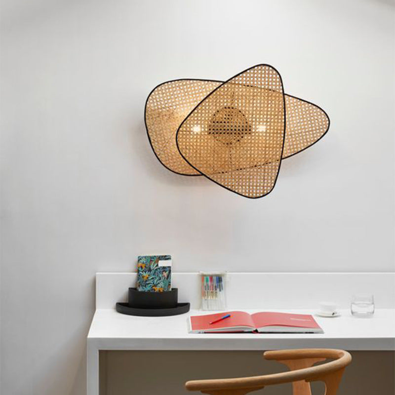Traditional Japanese Oval Metal Plastic Rattan 1-Light Wall Sconce Lamp For Bedroom