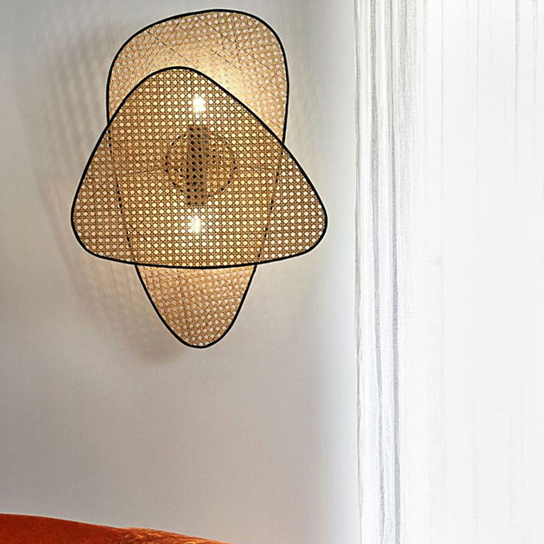 Traditional Japanese Oval Metal Plastic Rattan 1-Light Wall Sconce Lamp For Bedroom