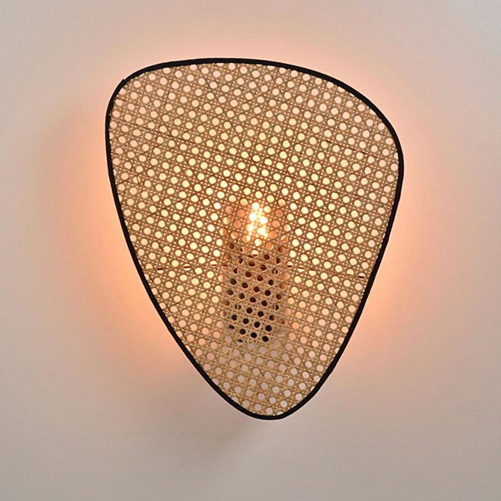 Traditional Japanese Oval Metal Plastic Rattan 1-Light Wall Sconce Lamp For Bedroom