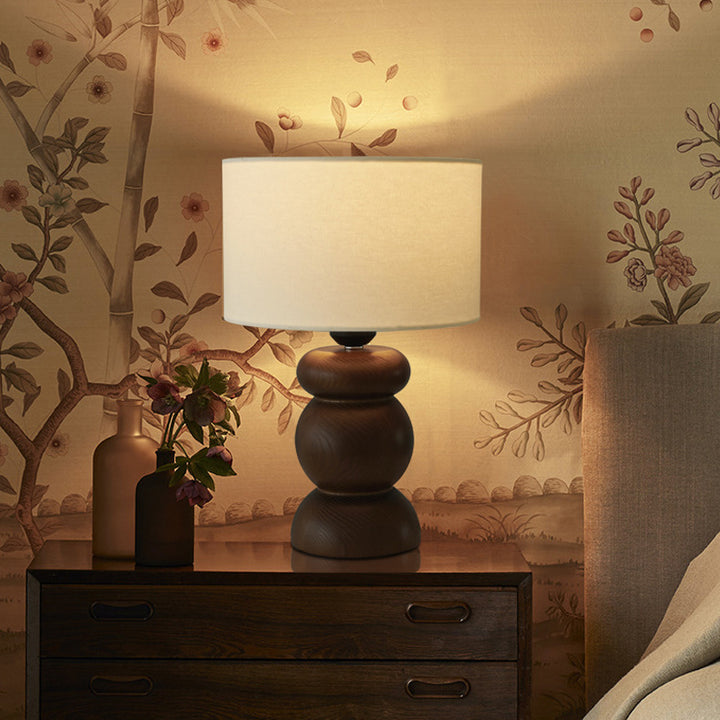 Lampe de Table 1 Lumière en Bois de Frêne avec Tissu Cylindrique Japonais Traditionnel pour Chambre 