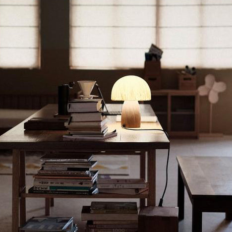 Lámpara de mesa de 1 luz de madera maciza con papel vintage tradicional de hongos para dormitorio 