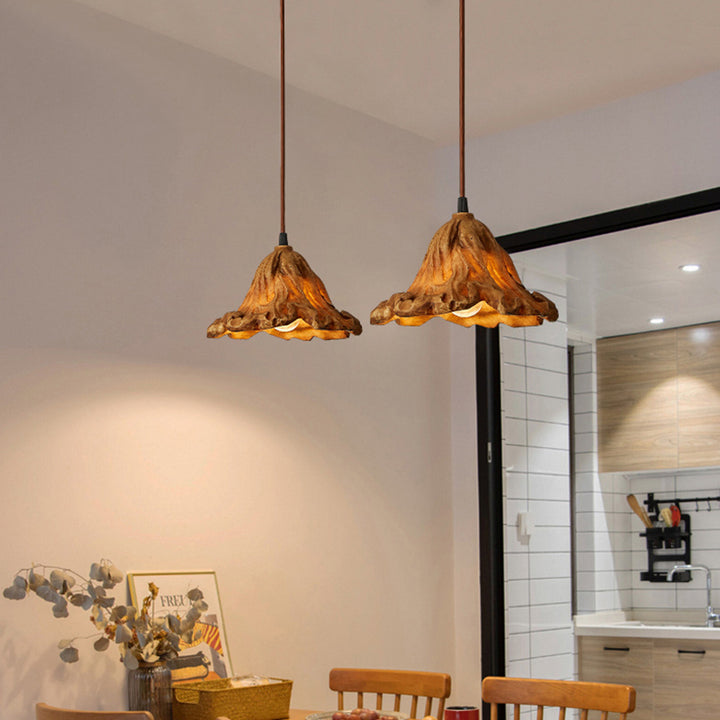 Traditional Japanese Lotus Cone Resin Glass 1-Light Pendant Light For Bedroom