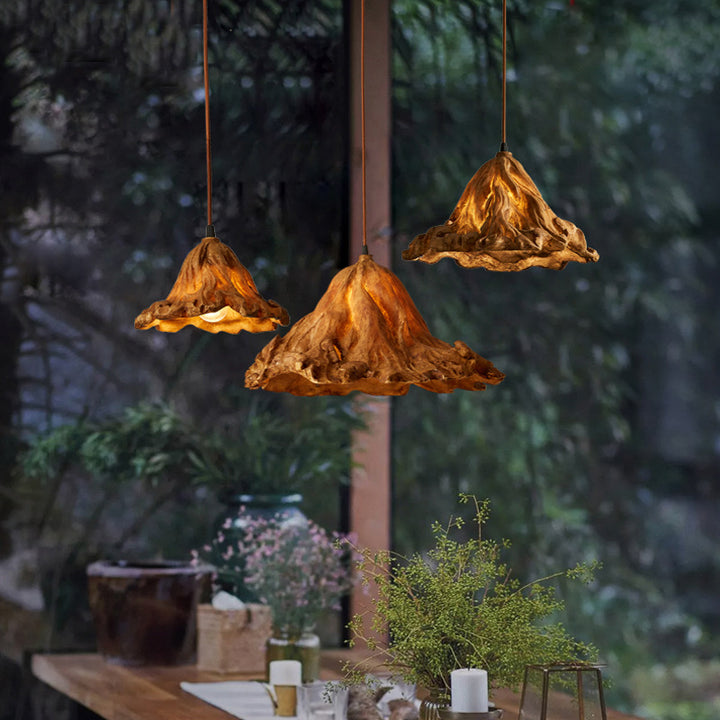 Traditional Japanese Lotus Cone Resin Glass 3-Light Chandelier Island Light For Dining Room