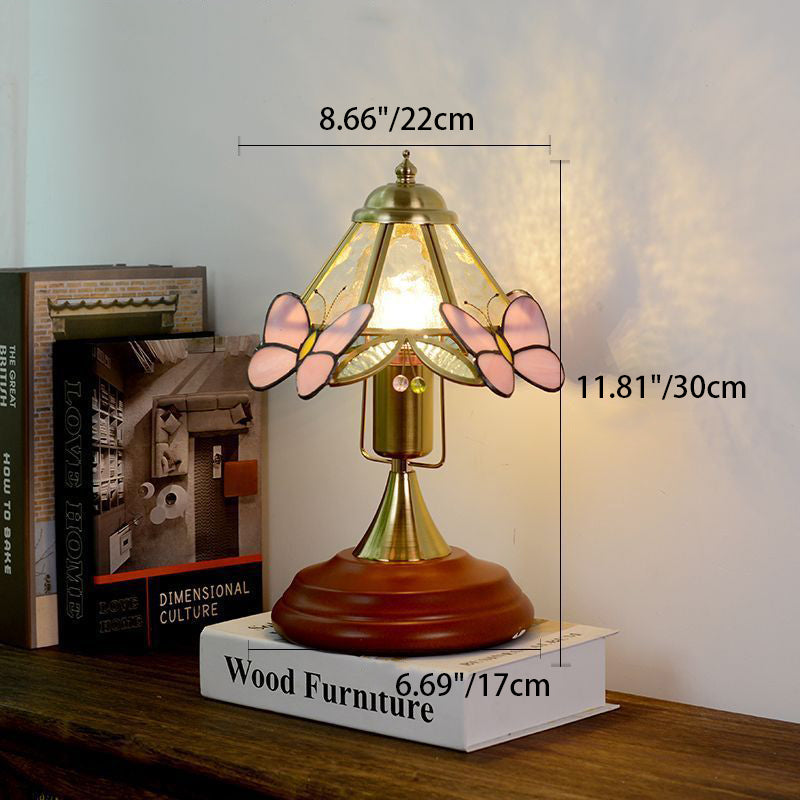 Lampe de table 1 lumière en verre conique vintage traditionnel avec papillon en métal et bois massif pour chambre 