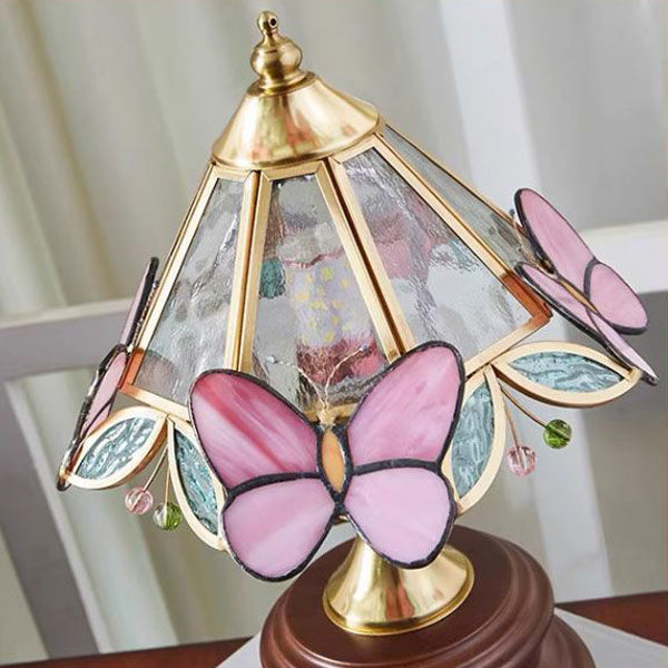 Lampe de table 1 lumière en verre conique vintage traditionnel avec papillon en métal et bois massif pour chambre 