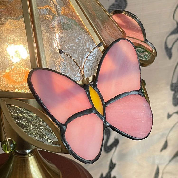 Lampe de table 1 lumière en verre conique vintage traditionnel avec papillon en métal et bois massif pour chambre 