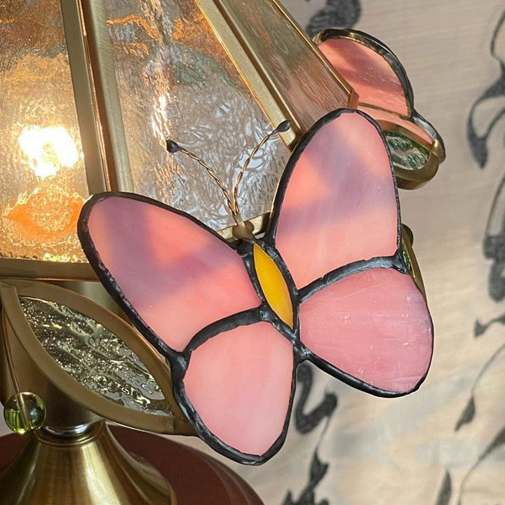 Lampe de table 1 lumière en verre conique vintage traditionnel avec papillon en métal et bois massif pour chambre 