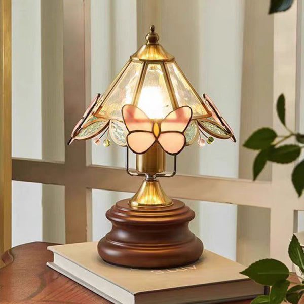 Lampe de table 1 lumière en verre conique vintage traditionnel avec papillon en métal et bois massif pour chambre 