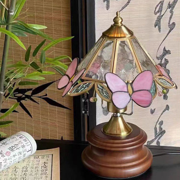 Lampe de table 1 lumière en verre conique vintage traditionnel avec papillon en métal et bois massif pour chambre 