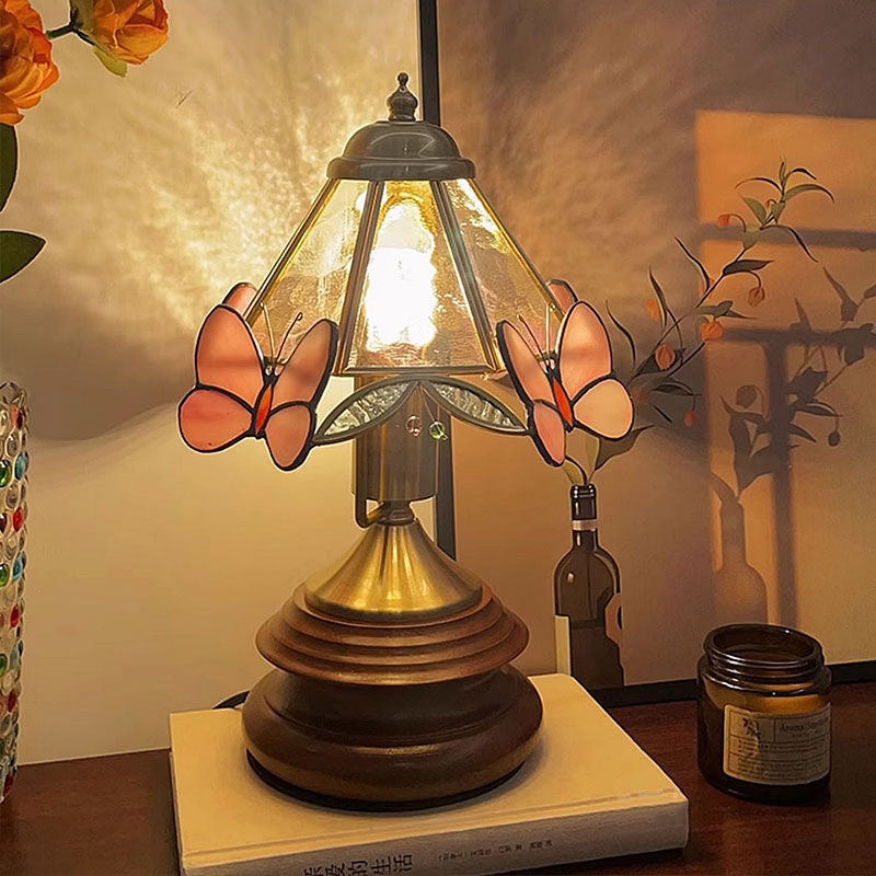 Lampe de table 1 lumière en verre conique vintage traditionnel avec papillon en métal et bois massif pour chambre 