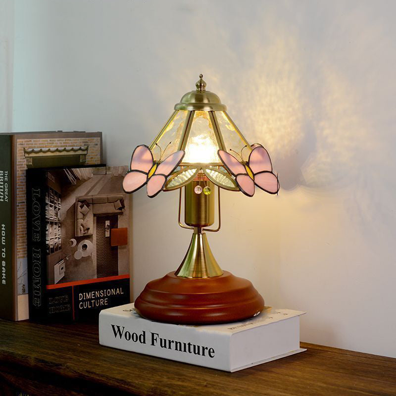 Lampe de table 1 lumière en verre conique vintage traditionnel avec papillon en métal et bois massif pour chambre 