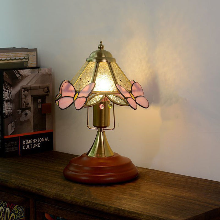 Lampe de table 1 lumière en verre conique vintage traditionnel avec papillon en métal et bois massif pour chambre 