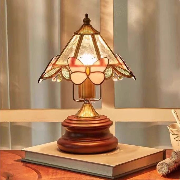 Lampe de table 1 lumière en verre conique vintage traditionnel avec papillon en métal et bois massif pour chambre 