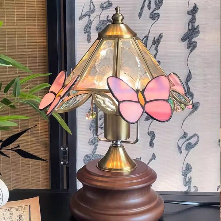 Lampe de table 1 lumière en verre conique vintage traditionnel avec papillon en métal et bois massif pour chambre 