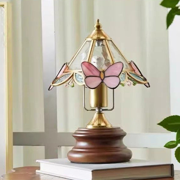 Lampe de table 1 lumière en verre conique vintage traditionnel avec papillon en métal et bois massif pour chambre 