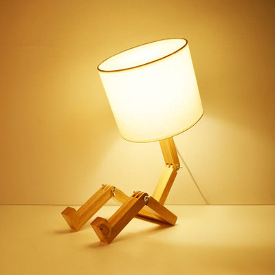 Zeitgenössische Kreative Humanoide Roboter Stoff Massivholz 1-Licht Tischlampe Für Schlafzimmer 
