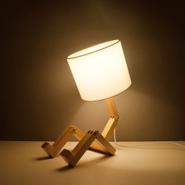 Zeitgenössische Kreative Humanoide Roboter Stoff Massivholz 1-Licht Tischlampe Für Schlafzimmer 