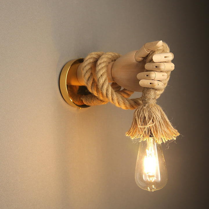 Lámpara Aplique de Pared de 1 Luz de Hierro Manual Mecánico Vintage Tradicional con Cuerda de Cáñamo y Madera Maciza Para Pasillo 