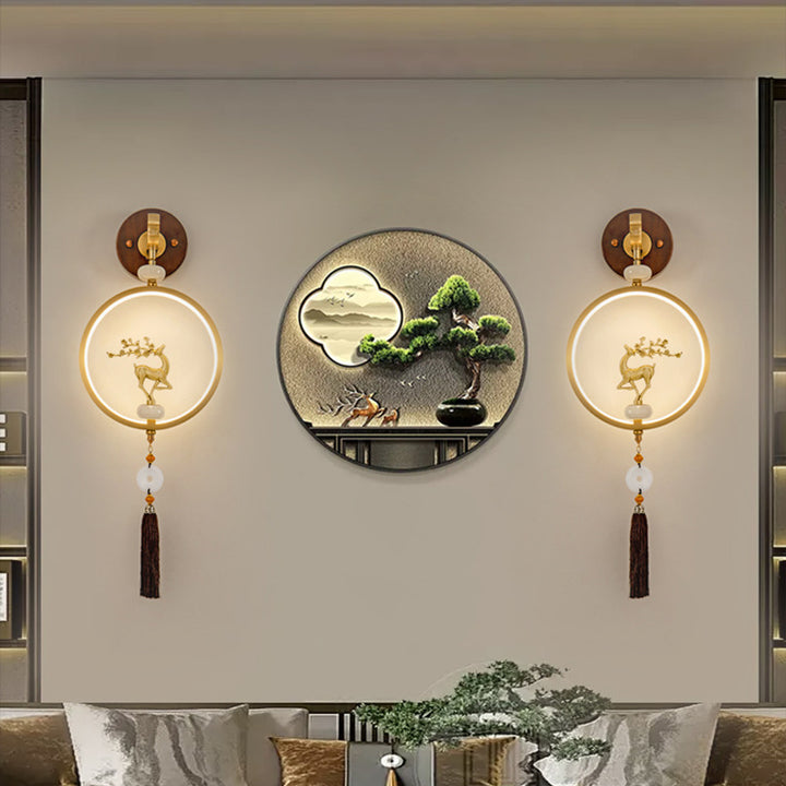 Lámpara de aplique de pared LED de ébano redondo chino tradicional de cobre para dormitorio 