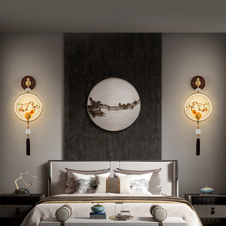Lámpara de aplique de pared LED de ébano redondo chino tradicional de cobre para dormitorio 