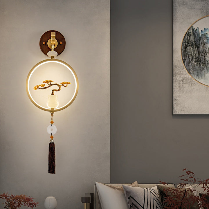 Lámpara de aplique de pared LED de ébano redondo chino tradicional de cobre para dormitorio 
