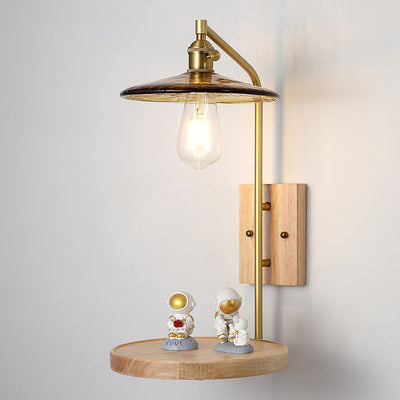 Contemporary Nordic Flying Saucer Rubberwood Iron Glass 1-Light Wall Sconce Lamp For Bedroom