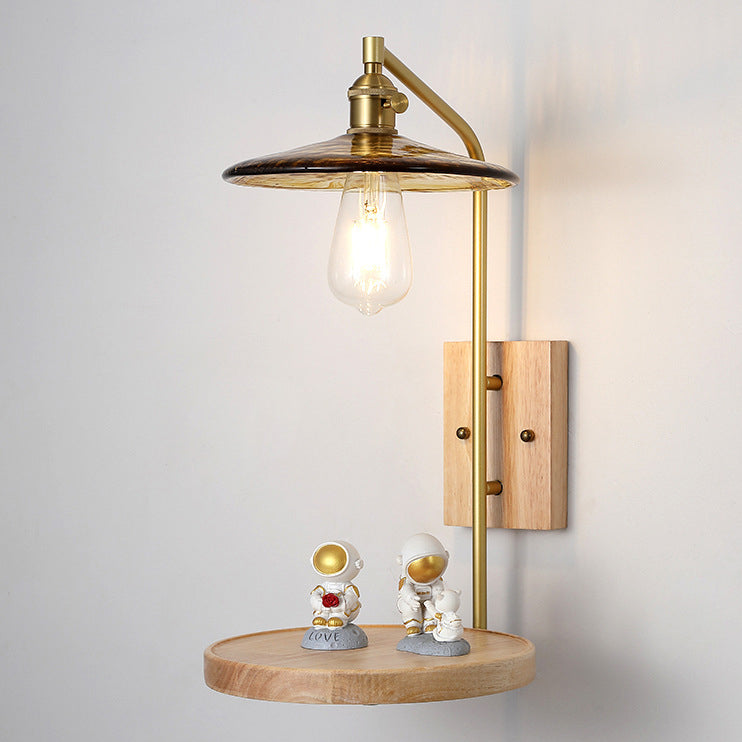 Contemporary Nordic Flying Saucer Rubberwood Iron Glass 1-Light Wall Sconce Lamp For Bedroom